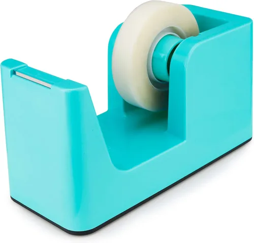 ABEL SimpleWork Dispensador de cinta de escritorio, aguamarina, núcleo de 1 pulgada, base con peso antideslizante, cortador de cinta para oficina,