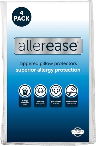 Juego de 4 protectores de almohada AllerEase estándar/Queen - absorben la humedad, protección avanzada contra alergias, poliéster de alta calidad,