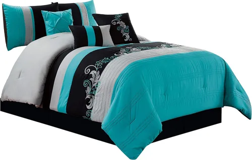 Vista 17 de Chezmoi Collection Napa - Juego de edredón de lujo de 7 piezas con bordado de hojas (tamaño matrimonial, negro/gris/blanco)