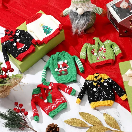 Vista 3 de 12 piezas de conjunto de ropa y accesorios para muñeca de Navidad, suéter con estampado de árbol de Navidad, reno y copo de nieve, pequeño suéter