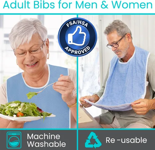 Vista 3 de Vive Baberos para adultos, juego de delantal impermeable para hombres y mujeres para comer con correa ajustable, lavable y reutilizable de tela