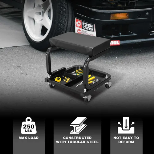 Vista 2 de Torin ATR6300B Rolling Creeper Asiento de Garaje/Taller: Taburete de Mecánico Acolchado con Almacenamiento de Bandeja para Herramientas, Negro Grande