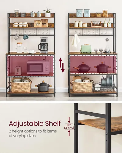 Vista 63 de VASAGLE Hutch - Estante para panaderos con toma de corriente, soporte para microondas de 14 ganchos, barra de café ajustable con panel de alambre