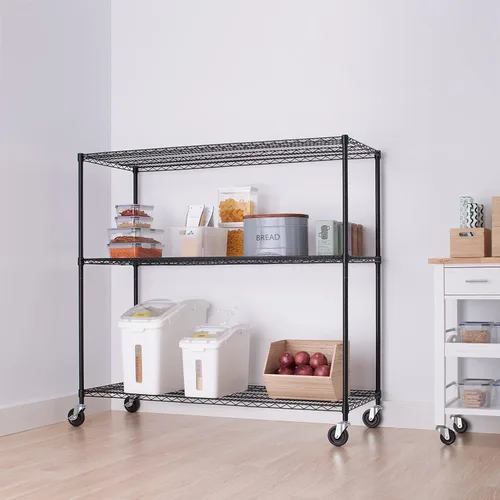Vista 4 de Trinity Basics Estantería de alambre ajustable de 3 niveles con ruedas para organización de cocina, almacenamiento de garaje, cuarto de lavandería