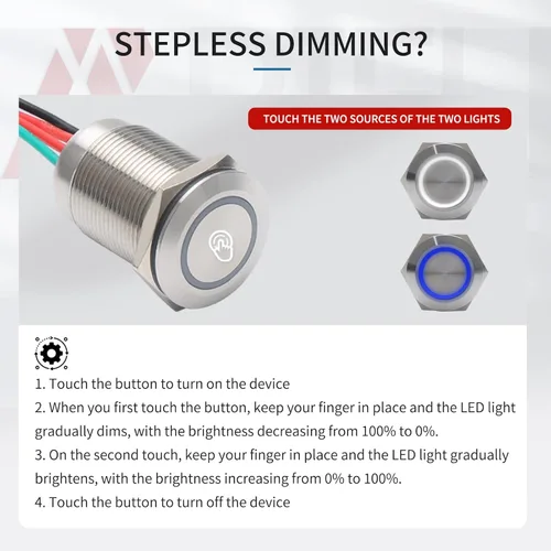 Vista 8 de APIELE Interruptor táctil continuo de 0.748 in con regulador de intensidad LED, interruptor de pestillo CC 6V a 24V LED azul blanco adecuado