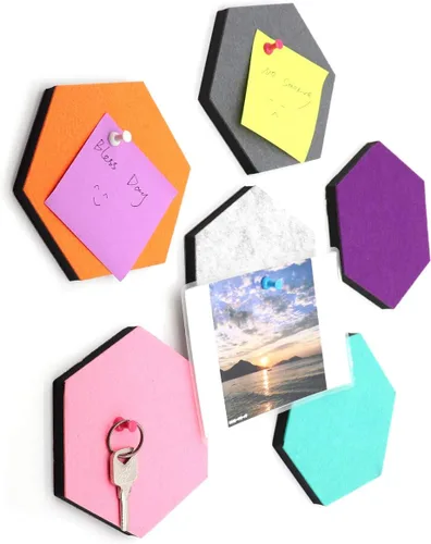 Juego de 6 tableros de fieltro hexagonales, autoadhesivos, tableros de notas y fotos, azulejos decorativos de espuma colorida para pared con 6
