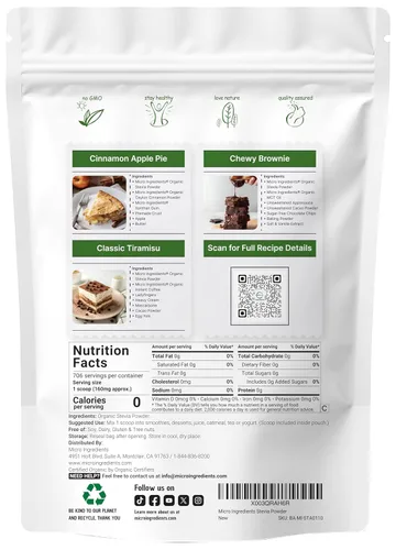 Vista 2 de Micro Ingredients Polvo con 90 % de extracto de stevia orgánica, endulzante natural sin calorías, 1
