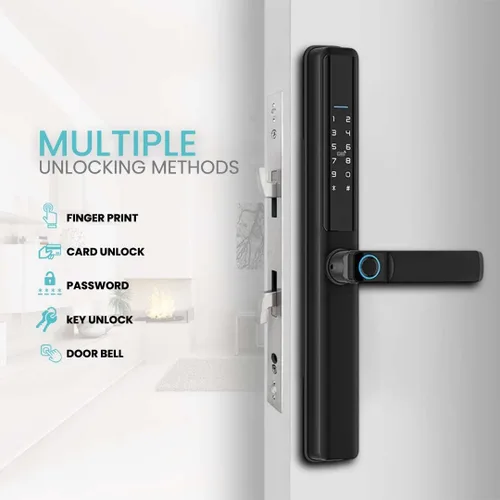 Vista 3 de Cerradura de puerta inteligente para puertas correderas – entrada sin llave 6 en 1 con huella digital, código de acceso, tarjeta IC, control