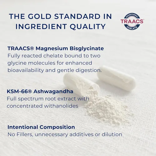 Vista 5 de Magnesium Glycinate 500mg (as TRAACS Bisglycinate) + KSM-66 Ashwagandha 300mg + L-Theanine 200mg - Sleep, Stress & Cognitive Support - High