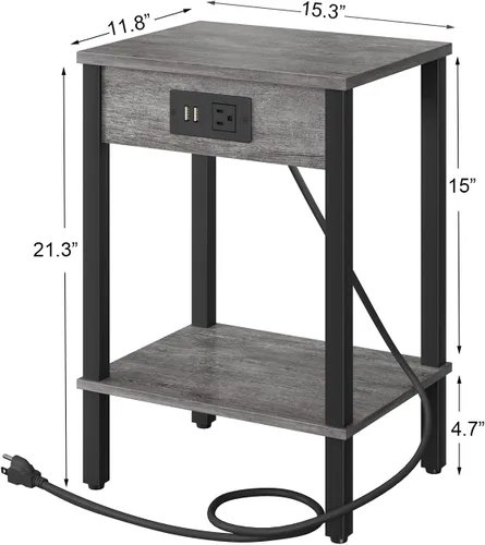 Vista 3 de VIMBER Juego de 2 mesas auxiliares con estación de carga, mesa auxiliar estrecha con puertos USB y tomas, mesitas de noche con estantes