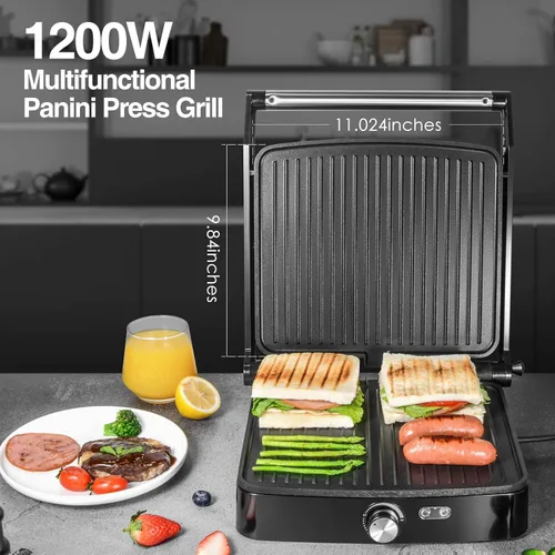 Vista 2 de OSTBA Panini - Parrilla de prensa con temperatura ajustable, parrilla interior de 4 rebanadas, sandwichera abierta de 180° con bandeja de goteo