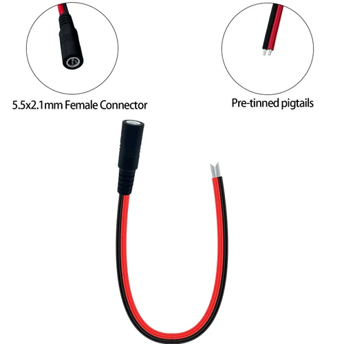 Vista 3 de 0.8FT 0.217 inx0.083 in 14AWG Pigtail Cable de reparación hembra Cable DC 5521 Conector para cámara de vigilancia CCTV Tira de luz LED