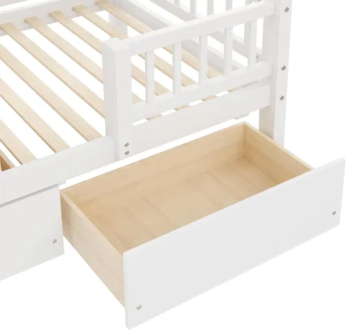 Vista 43 de Cama de casa de tamaño individual con elegantes ventanas y estantería, litera con diseño de castillo de madera con barandillas de seguridad