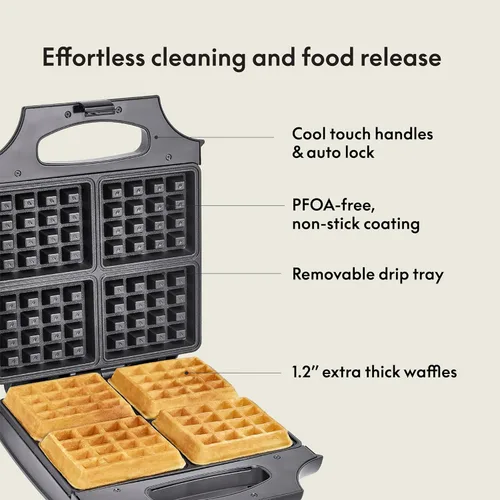 Vista 5 de bella Waffle Iron - 4 waflera belga cuadrada, platos antiadherentes extra grandes para una fácil limpieza, diseño compacto, acero inoxidable, negro