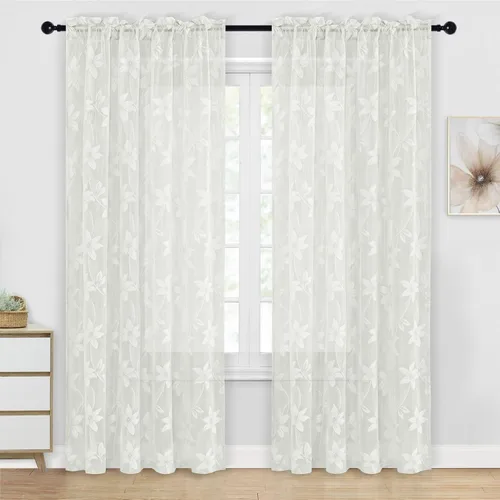 Vista 44 de DWCN Paquete de 2 cortinas traslúcidas pequeñas de encaje floral beige para cocina, cortinas traslúcidas ligeras con bolsillo para barra, cortinas