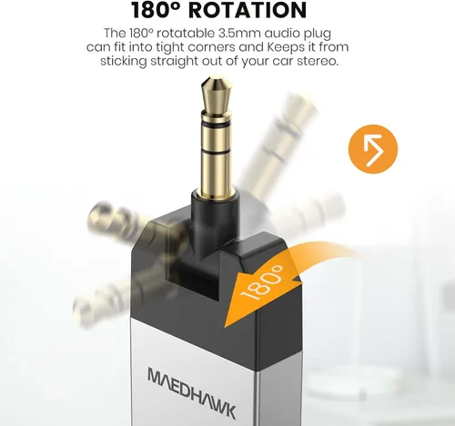 Vista 5 de Maedhawk Adaptador auxiliar Bluetooth 5.2 para auriculares estéreo de coche, receptor de audio inalámbrico con conector giratorio de 0.138 in