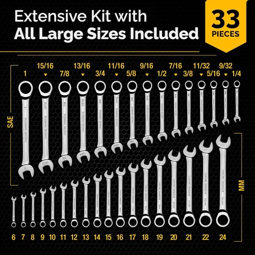 Vista 2 de TOOLGUARDS Juego completo de llaves de trinquete de 33 piezas, métricas y estándar, juego de llaves de trinquete combinadas, tamaño grande