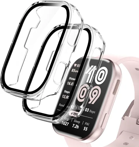 Vista 8 de EWUONU Paquete de 2 fundas compatibles con Amazfit Bip 6, protector de pantalla de vidrio templado con cubierta de policarbonato duro, a prueba