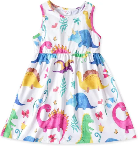 PATPAT Toddler & Baby Girl Dresses Sleeveless Dinosaur & Ruffled Bowknot Tank Dresses for Kids, 18-24 Months to 5-6 Years