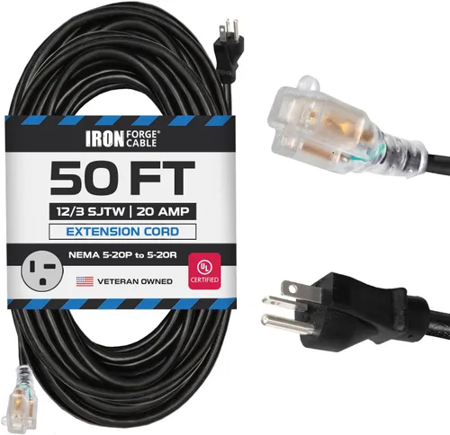 Iron Forge Cable Cable de extensión de 20 amperios, 50 pies, color negro