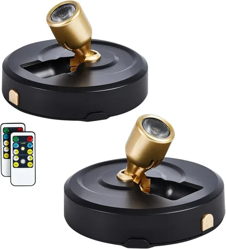 Vista 21 de Paquete de 2 focos LED para interiores, funciona con pilas, luces LED con control remoto, focos inalámbricos, luces de disco regulables
