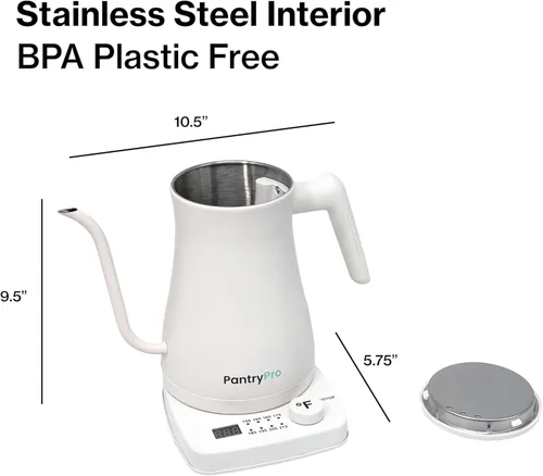 Vista 6 de PantryPro Hervidor eléctrico de cuello de cisne con control de temperatura, hervidor rápido de 34 oz/1.0L, interior de acero inoxidable, apagado