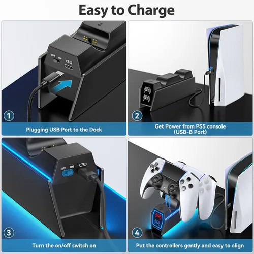 Vista 6 de PS5 Controller Charger Station Compatible with PlayStation 5 Faceplates Edge & Dual Controller, 9 Lightings PS5 Accessories Charging Station, PS 5