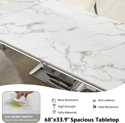Vista 5 de Juego de mesa de comedor de mármol sintético de oro blanco de 70 pulgadas para 4, 5 piezas rectangulares de cocina y comedor con base de acero