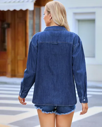 Vista 3 de luvamia Camisa de mezclilla para mujer, con botones, cuello vaquero, manga larga, ligera, bolsillo occidental