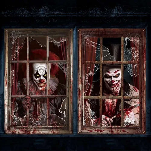 Newwiee - 2 cortinas de Halloween aterradoras con silueta para ventana, decoración, póster temático para interiores y exteriores, fiestas, paredes y