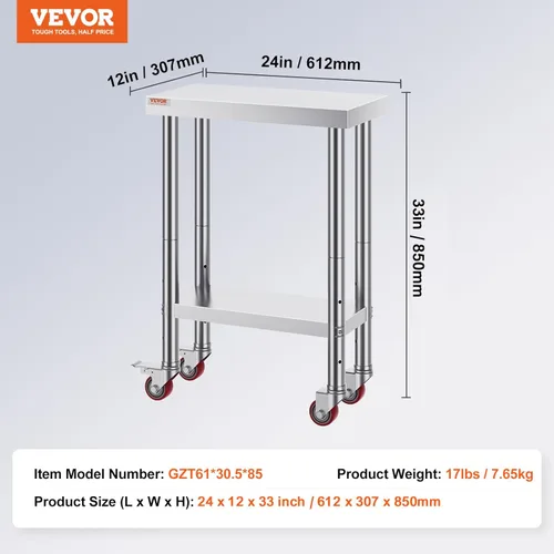Vista 7 de Vevor Mesa de trabajo de acero inoxidable con ruedas de 24 x 12 x 32 pulgadas, mesa de preparación con 4 ruedas, mesa de trabajo resistente
