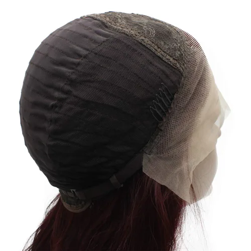 Vista 5 de Mxangle largo ondulado rojo oscuro medio atado a mano sintético encaje frente peluca resistente al calor fibra pelo natural