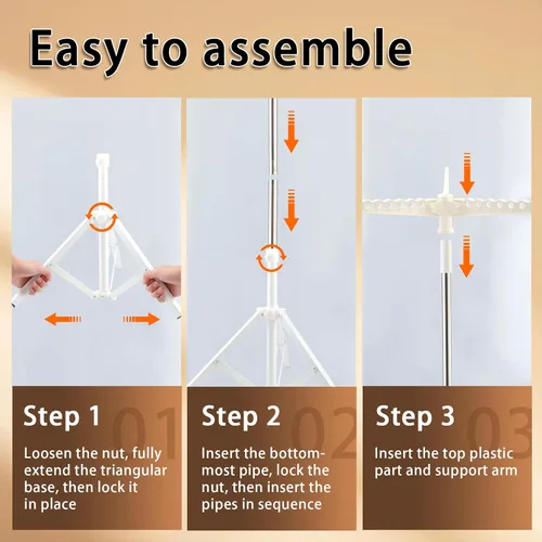 Vista 9 de Estante de secado de ropa, estante para ropa de 33 a 68 pulgadas, base de trípode resistente de acero inoxidable, ahorro de espacio, plegable, 3