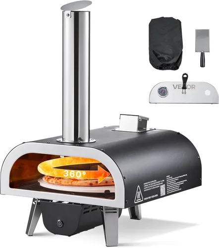 Vista 12 de VEVOR Horno de pizza de combustible dual para exteriores, horno de pizza de propano y pellets de madera con rotación automática de 12 pulgadas
