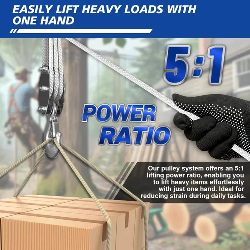 Vista 2 de Sistema de Poleas de Bloque y Aparejo, polipasto de polea de cuerda de 3 ruedas mejorado, potencia de elevación 5:1, carga de trabajo de 1100 libras