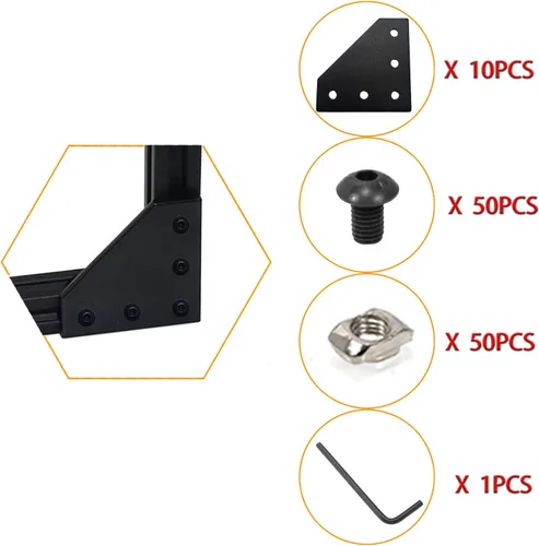 Vista 2 de 10 piezas 2020 placa de unión de soporte de esquina en forma de L, conector de extrusión de aluminio de 5 agujeros con 50 tuercas en T, 50 tornillos
