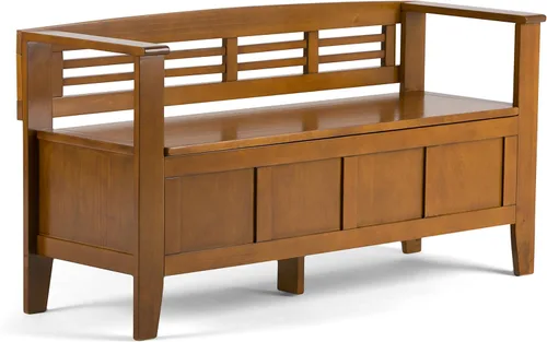Vista 18 de SIMPLIHOME Acadian Banco de almacenamiento para entrada, asiento de pasillo de madera maciza de 48 pulgadas de ancho con estante en marrón moreno