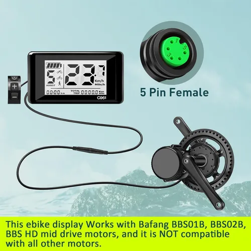 Vista 6 de Pantalla LCD Ebike hembra de 5 pines C961 para Bafang BBS01B BBS02B BBSHD Mid Drive Motor, computadora de pantalla Ebike con protocolo UART 0-9