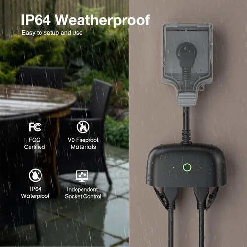 Vista 4 de GHome Smart - Enchufe inteligente para exteriores, enchufe Wi-Fi inteligente para el hogar con 2 tomas, resistencia a la intemperie IP64, compatible