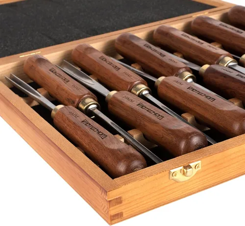 Vista 9 de Juego de cinceles de herramientas de tallado de madera para carpintería de 12 piezas con caja de madera, cuchillas de acero CR-V 60 afiladas