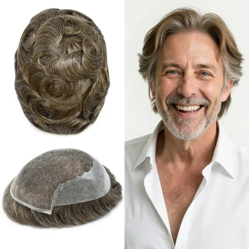 Vista 491 de Toupee - Sistemas de reemplazo de cabello para hombre, encaje frontal suizo, nudo blanqueado, pieza de cabello humano natural