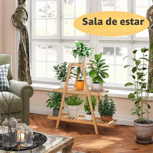 Vista 5 de Soporte de bambú para plantas interior/exterior, 3 niveles, negro, rectangular, 8 macetas para flores, estante para plantas