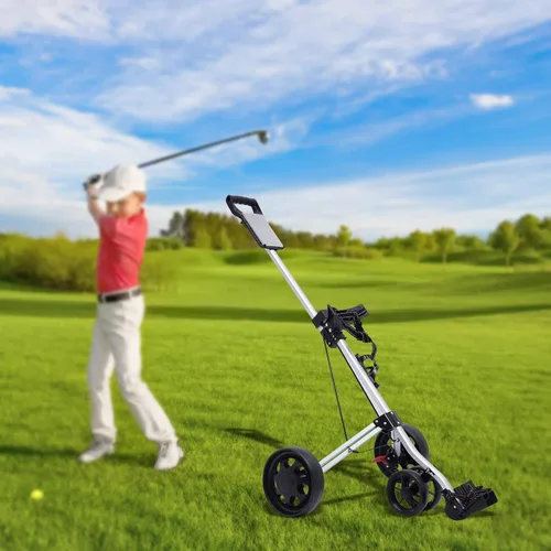 Vista 6 de Carrito de empuje de golf plegable de 3 ruedas, marcador de carretilla para botella de agua, soporte de bebida de aluminio, rueda delantera