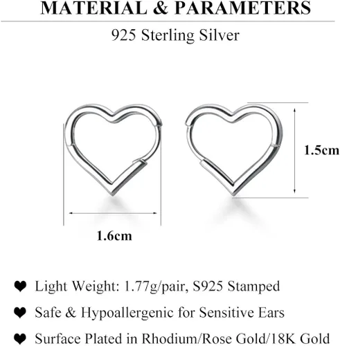 Vista 7 de SLUYNZ Aretes de aro de plata de ley 925 de 0.6in con forma de corazón para mujeres, adolescentes y niñas, aretes de corazón de amor dulce, Metal