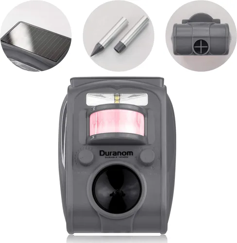 Vista 8 de DURANOM - Repelente ultrasónico de animales, disuasorio solar para exteriores con luz intermitente y sensor de movimiento, repele ciervos, gatos
