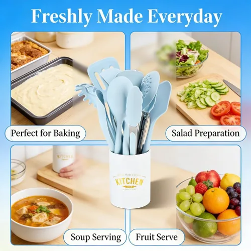 Vista 6 de Silicone Kitchenware Cooking Utensils Set, 12PCS Blue - Heat Spatula, Composite Wood Handle, Home Cooking Essential