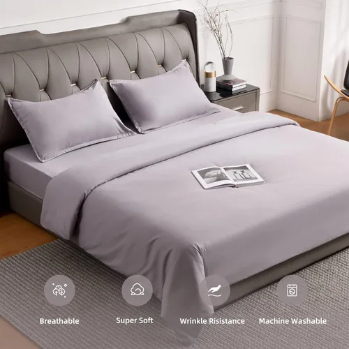 Vista 3 de Buyoung Juego de funda de edredón gris King, microfibra cepillada súper suave, tamaño King, 3 piezas con cierre de cremallera, 1 funda de edredón
