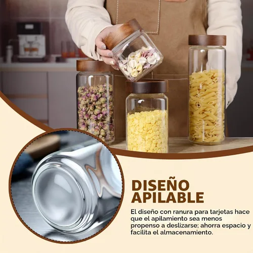 Vista 3 de Tarro de vidrio de 13.5 fl oz/400 ml con tapa de rosca de madera hermética, recipiente de almacenamiento de alimentos transparente apilable pequeño