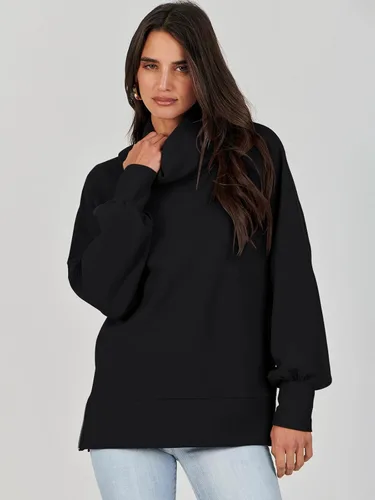 Vista 7 de Caracilia Sudadera de gran tamaño para mujer, cuello alto, manga larga, suéter de punto, sin botones, para otoño e invierno, ropa casual de moda