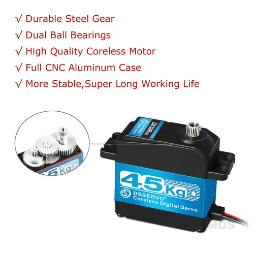Vista 3 de Servomotores de dirección RC sin núcleo de 45KG de alto par de torsión de 8.4 V, engranaje de acero inoxidable, perfil bajo, impermeable